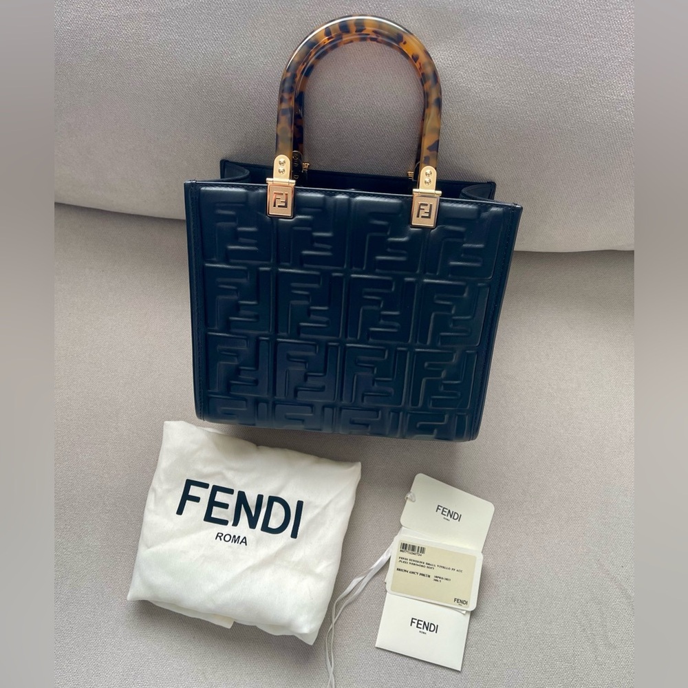 Authentic Fendi Sunshine Small black Embossed Tote with Tortoiseshell Handles